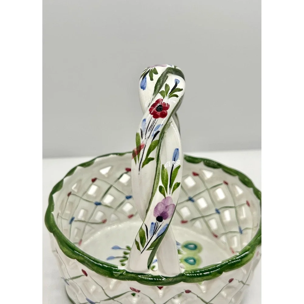 RCCL Hand Painted Portugal Ceramic Lattice Basket Floral Twisted Handle Floral